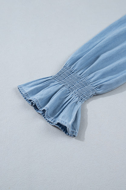 Beau Blue Western Ruffle V Neck Long Sleeve Chambray Blouse