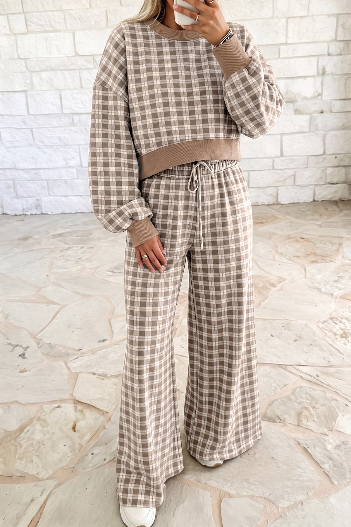 Khaki Plaid Long Sleeve Drop Shoulder Top Ribbed Color Block Trim Two Piece Pant Set