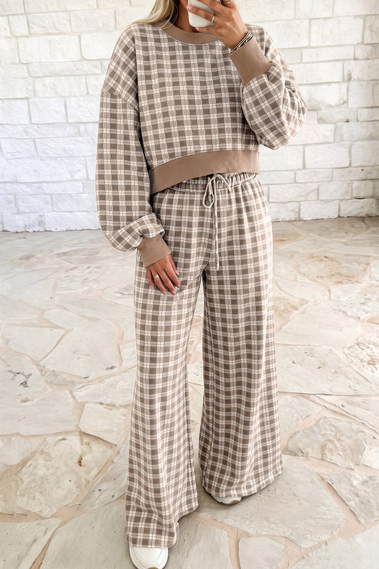 Khaki Plaid Long Sleeve Drop Shoulder Top Ribbed Color Block Trim Two Piece Pant Set