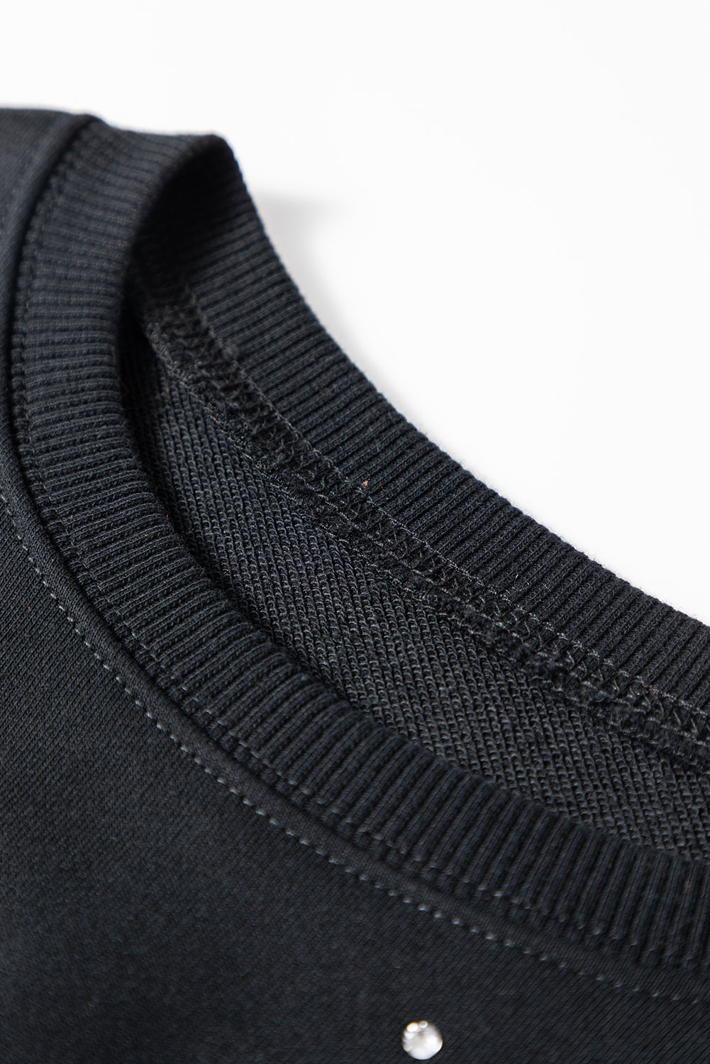 Black Rhinestone Embellished Drop Shoulder Ribbed Cuffs Sweatshirt