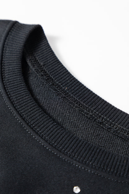 Black Rhinestone Embellished Drop Shoulder Ribbed Cuffs Sweatshirt