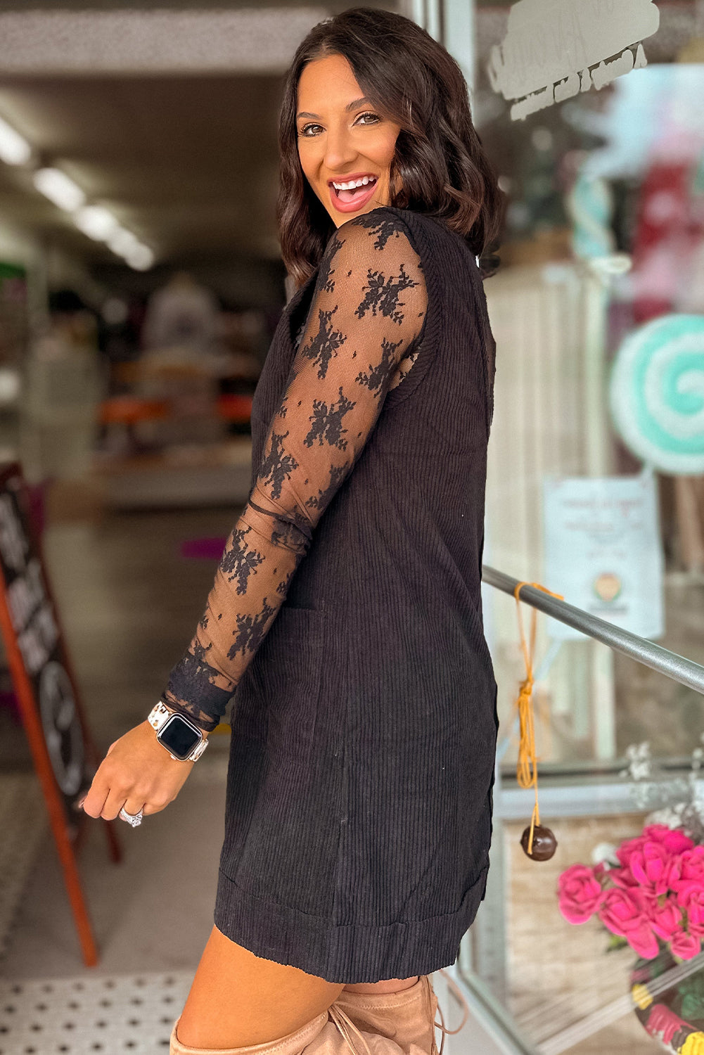 Black Corduroy Sleeveless Mini Dress With Patched Pockets