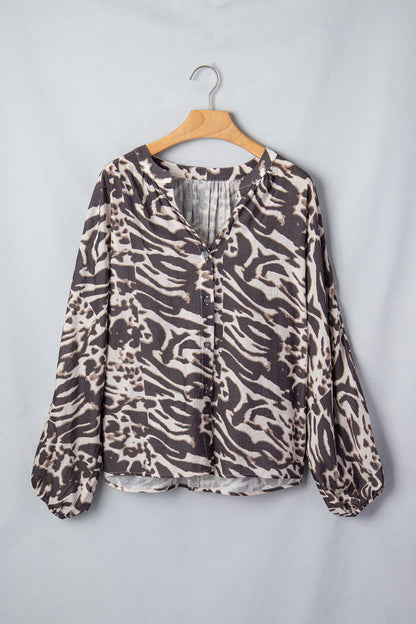 Parchment Leopard Print V Neck Button Down Balloon Sleeve Shirt