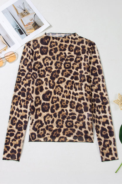 Oatmeal Western Print Slim Fit Mesh Long Sleeve Mock Neck Top