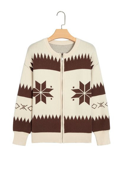 Beige Western Geometric Print Zip Front Loose Sweater Cardigan