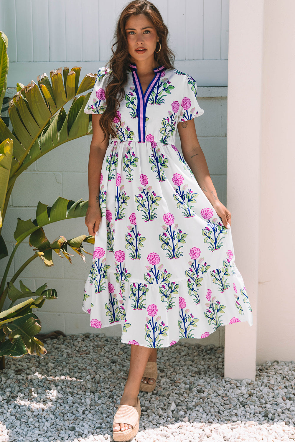 Blue Floral Puff Short Sleeve V Neck High Waist Maxi Dress