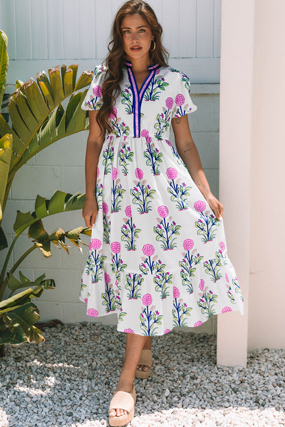 Blue Floral Puff Short Sleeve V Neck High Waist Maxi Dress