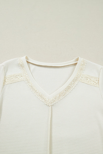 Beige Thermal Knit Lace Ruched Patchwork Long Sleeve V Neck Top