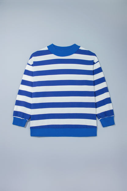 Blue Stripe Ribbed Trim Stand Neck Dropped Shoulder Plus Size Sweatshirt