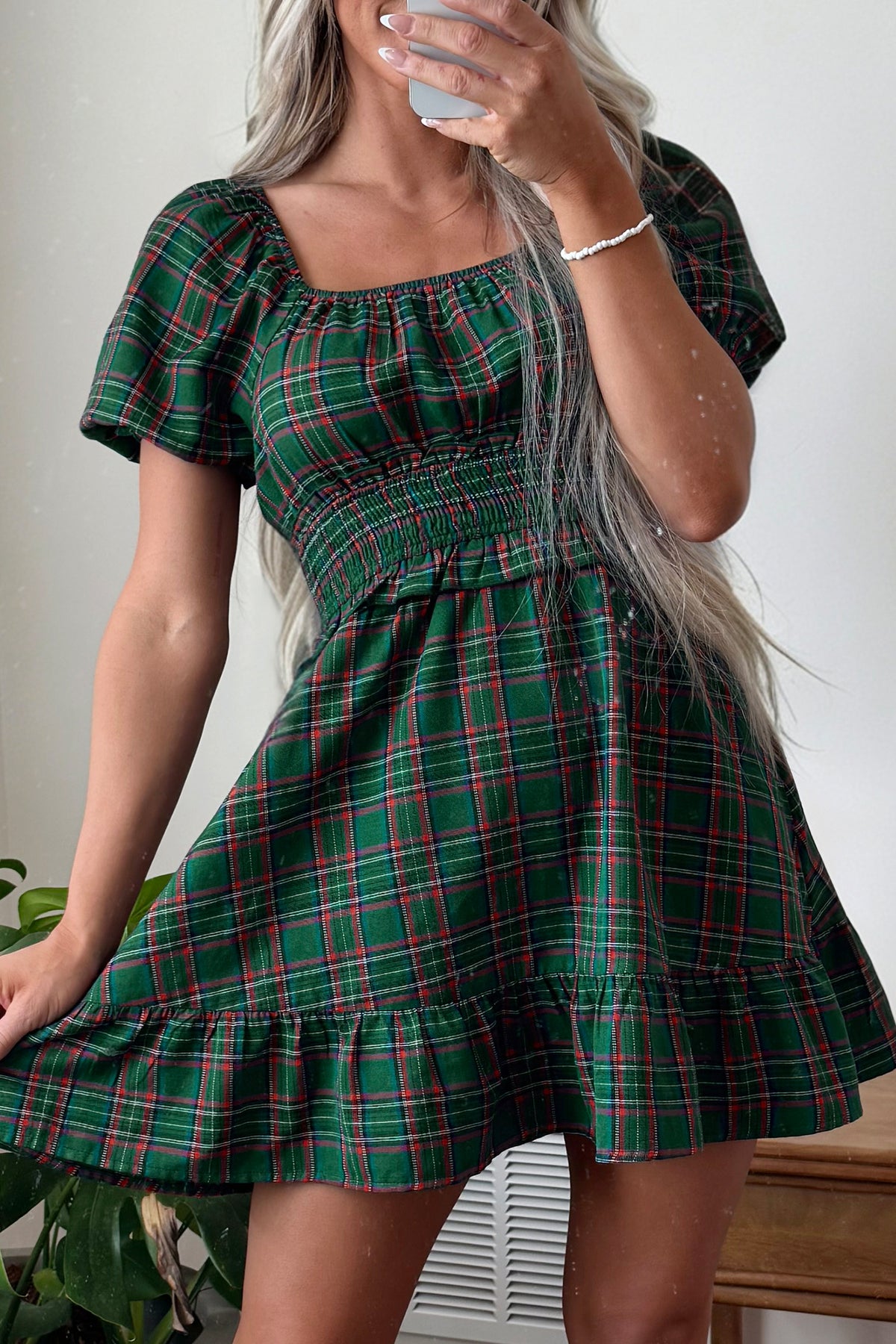Green Plaid Shirred U Neck Short Sleeve Mini Dress
