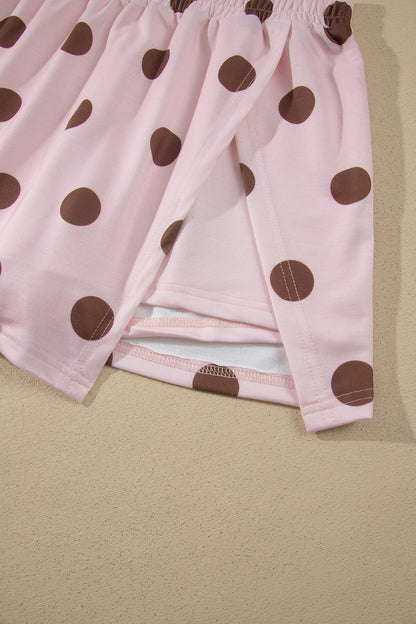 Pink Polka Dot Two Piece Set Long Sleeve Casual Skirt Set