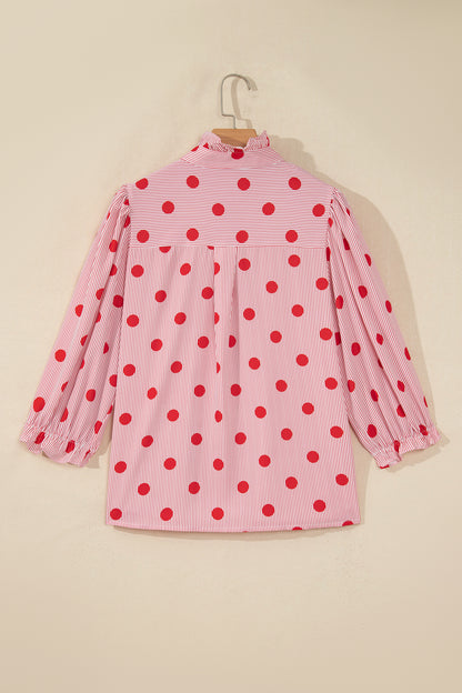 Fiery Red Polka Dot Striped Print Ruffle Stand Neck 3/4 Sleeve Shift Shirt