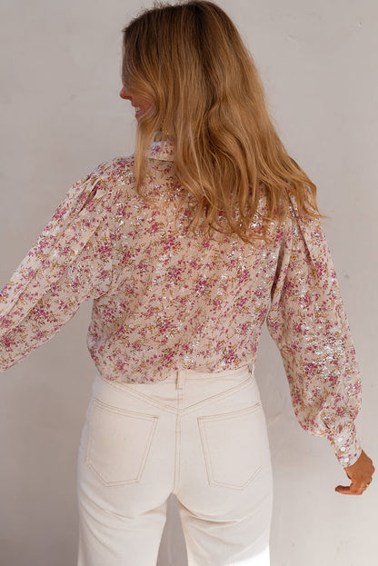 Chemise à col en V et manches évasées à imprimé floral rose