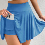 Blue A-line Draped High Waist Phone Pocket Lined Skort