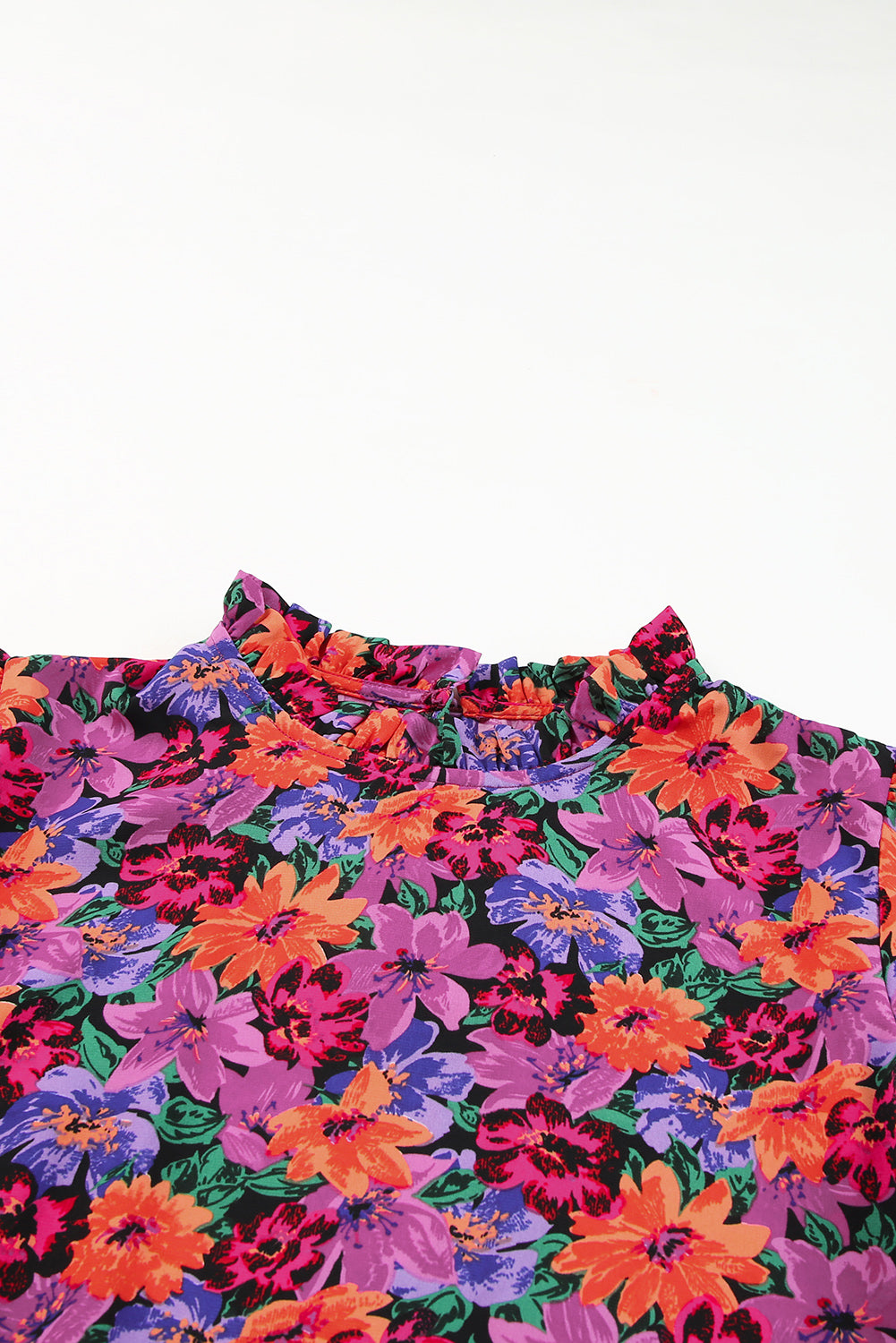 Blusa con cuello redondo y manga abullonada con estampado floral multicolor 