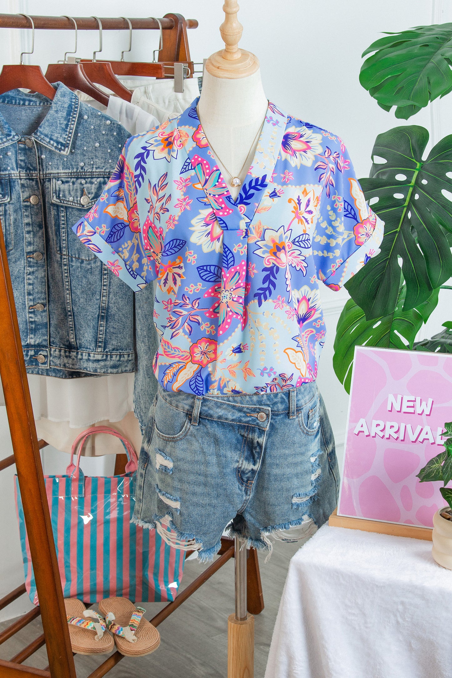 Purple Vacation Floral Print V Neck Short Sleeve Blouse