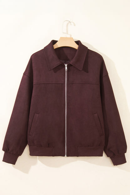 Chicory Coffee Solid Zip-up Metal Placket Collar Long Sleeve Jacket