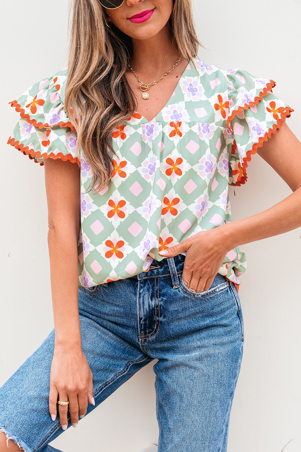Green Geometric Floral Print Layered Flutter Sleeve V Neck Ric Rac Trim Blouse