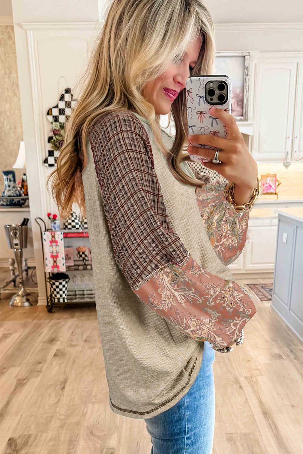 Chemisier patchwork en maille côtelée à manches raglan et imprimé mixte Jet Stream