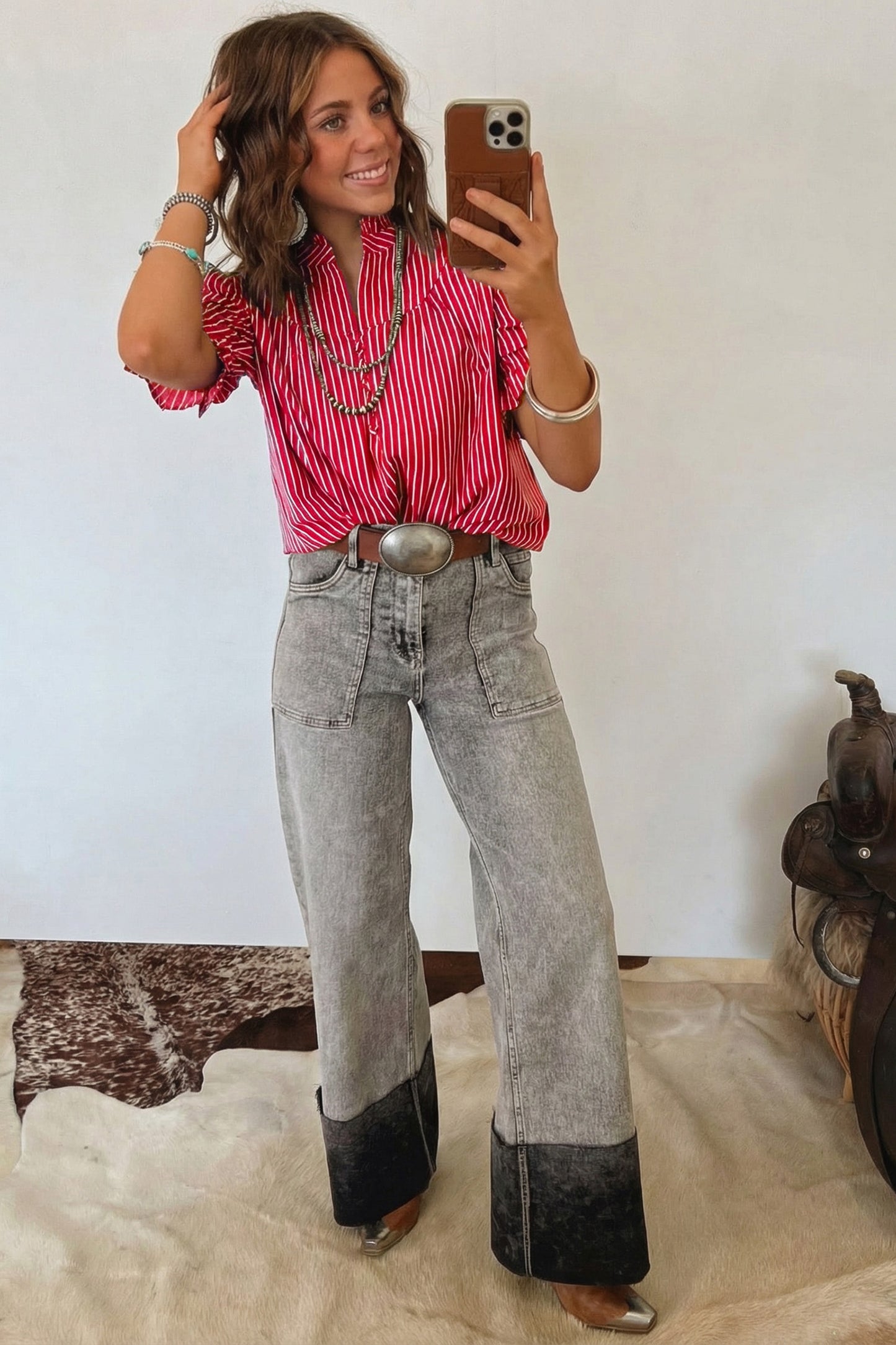 Red Stripe Ruffled Short Puff Sleeve Button Front Blouse