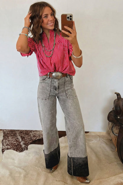 Red Stripe Ruffled Short Puff Sleeve Button Front Blouse