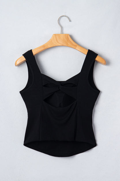 Black Twisted Cross Back Sleeveless U Neck Bra Insert Tank Top