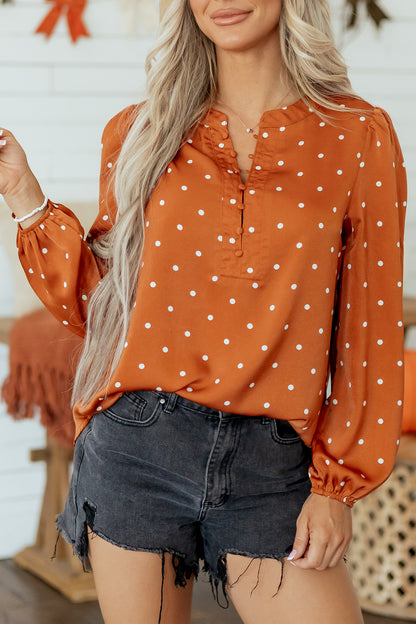Brown Polka Dot Half Button V Neck Long Sleeve Blouse