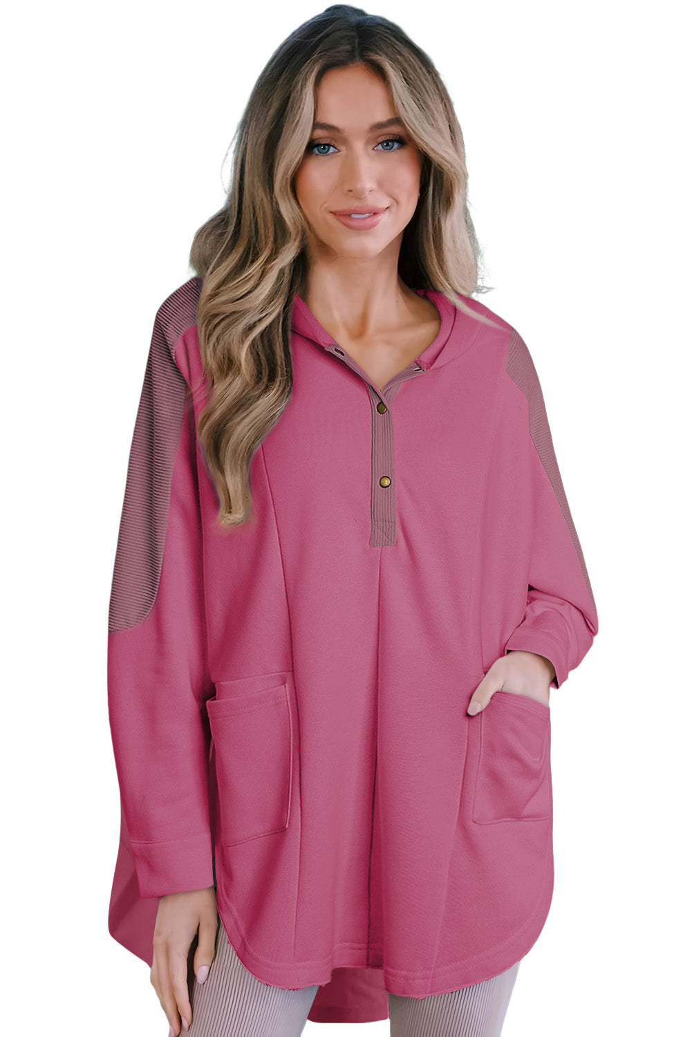 Sweat à capuche Henley surdimensionné avec poches latérales et patchwork de roses