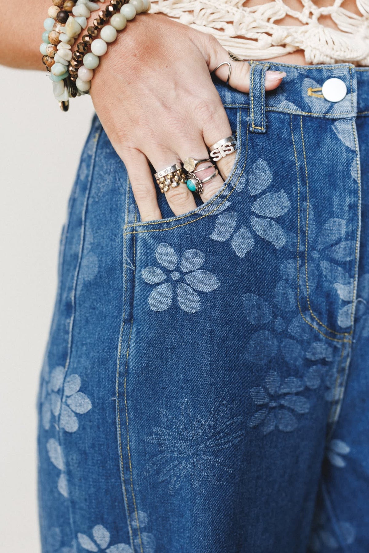 Blue Floral Print Ankle Length Casual Pocket Jeans