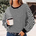 Black Stripe Exposed Seam Drop Shoulder Casual Pullover Top
