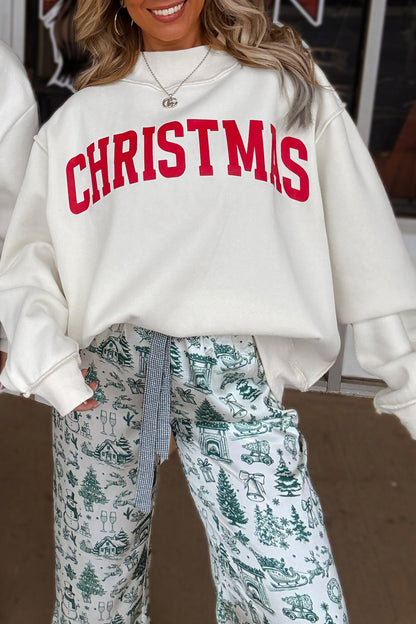 White MERRY/CHRISTMAS Reversible Print Mock Neck Baggy Pullover Sweatshirt