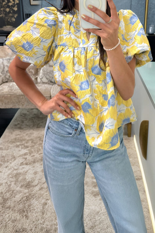 Yellow Short Bubble Sleeve Summer Floral Blouse