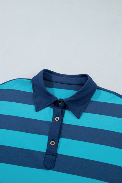 Blue Stripe Contrast Polo Collar Bracelet Sleeve Loose Top