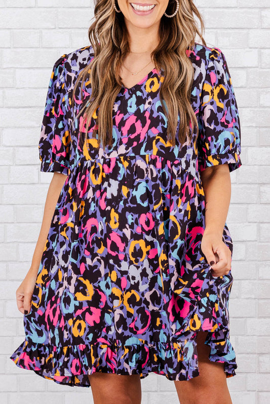 Purple Leopard Print Ruffled V Neck Plus Size Mini Dress