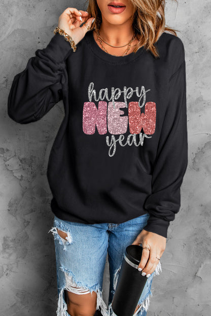 Sweat-shirt graphique noir scintillant « Bonne année »