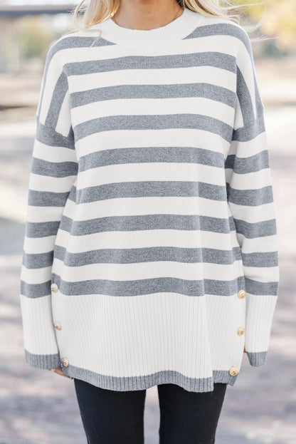 Gray Stripe Ribbed Buttoned Detail Drop Shoulder Tunic Sweater