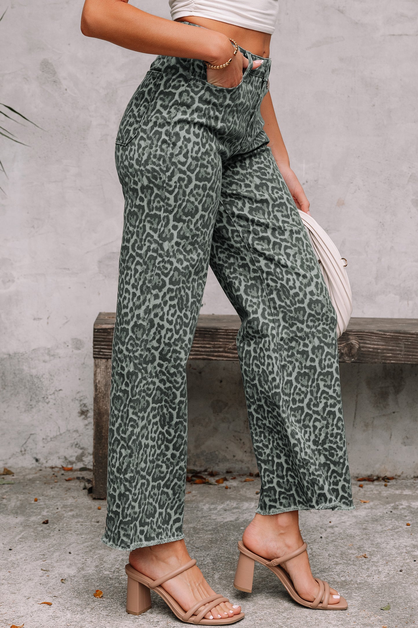 Brown Leopard Frayed Edge Wide Leg High Waist Jeans