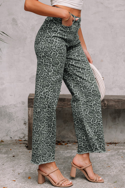 Brown Leopard Frayed Edge Wide Leg High Waist Jeans