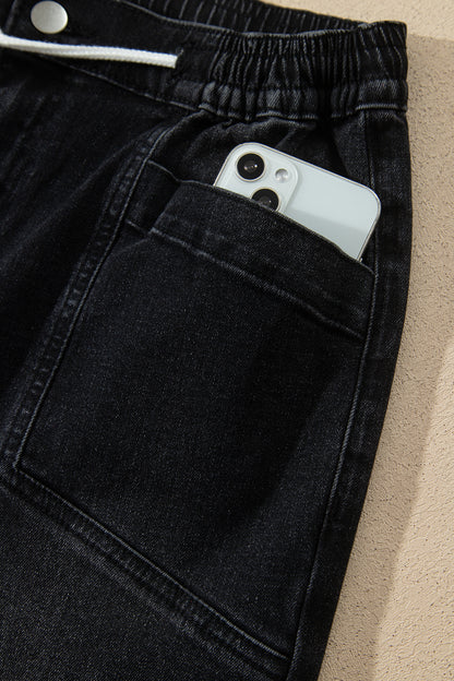 Black Drawstring Waist Ankle Length Casual Jeans Regular Fit Pocket Detail Denim Pants