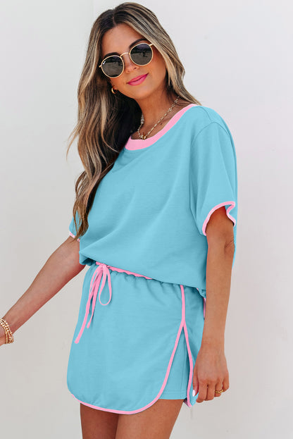 Turquoise Colorblock Edge Drop Shoulder T Shirt and Skort 2Pcs Set