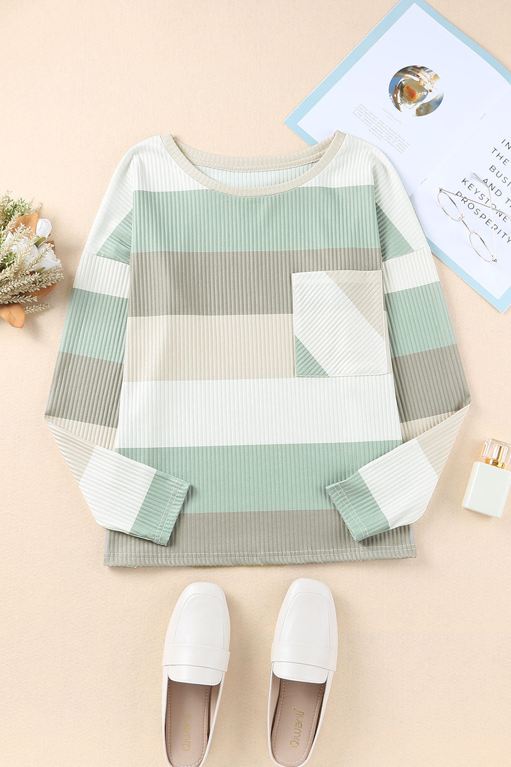 Color Block Ribbed Long Sleeve Top with Pocket