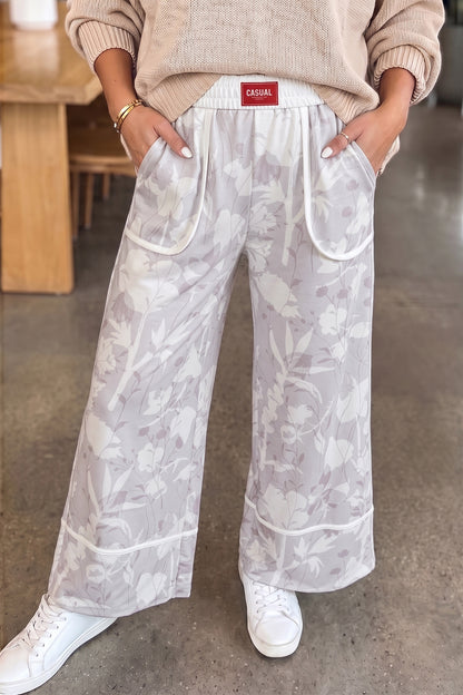 Gray Floral Print Wide Leg Ankle-Length Elastic Waistband Pants