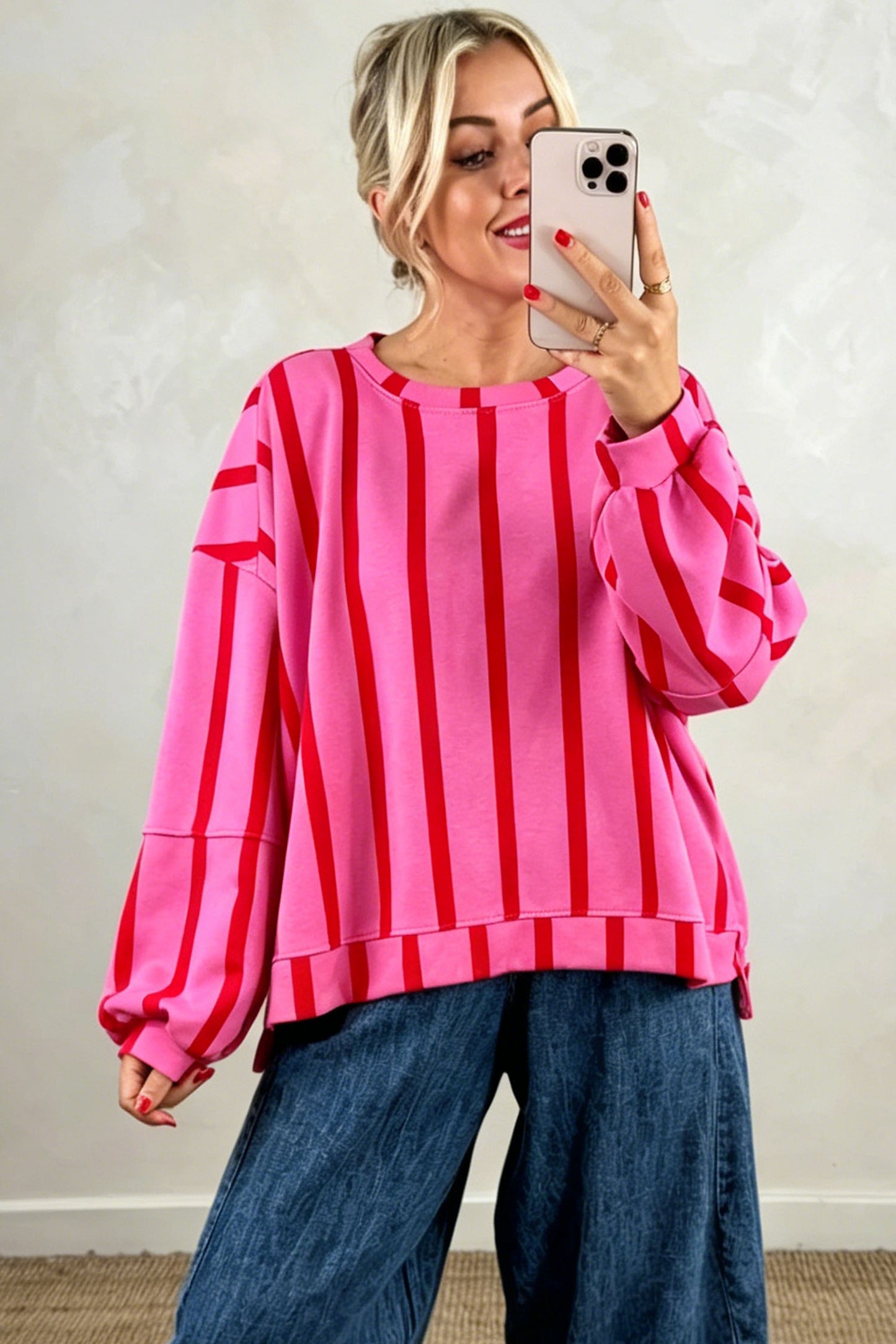 Red Stripe Dropped Shoulder Round Neck Casual Sweatshirt