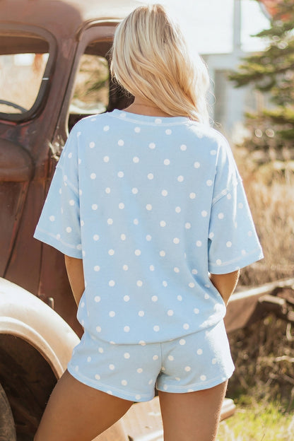 Yellow Polka Dot Short Sleeve Loose Top Drawstring Shorts Set