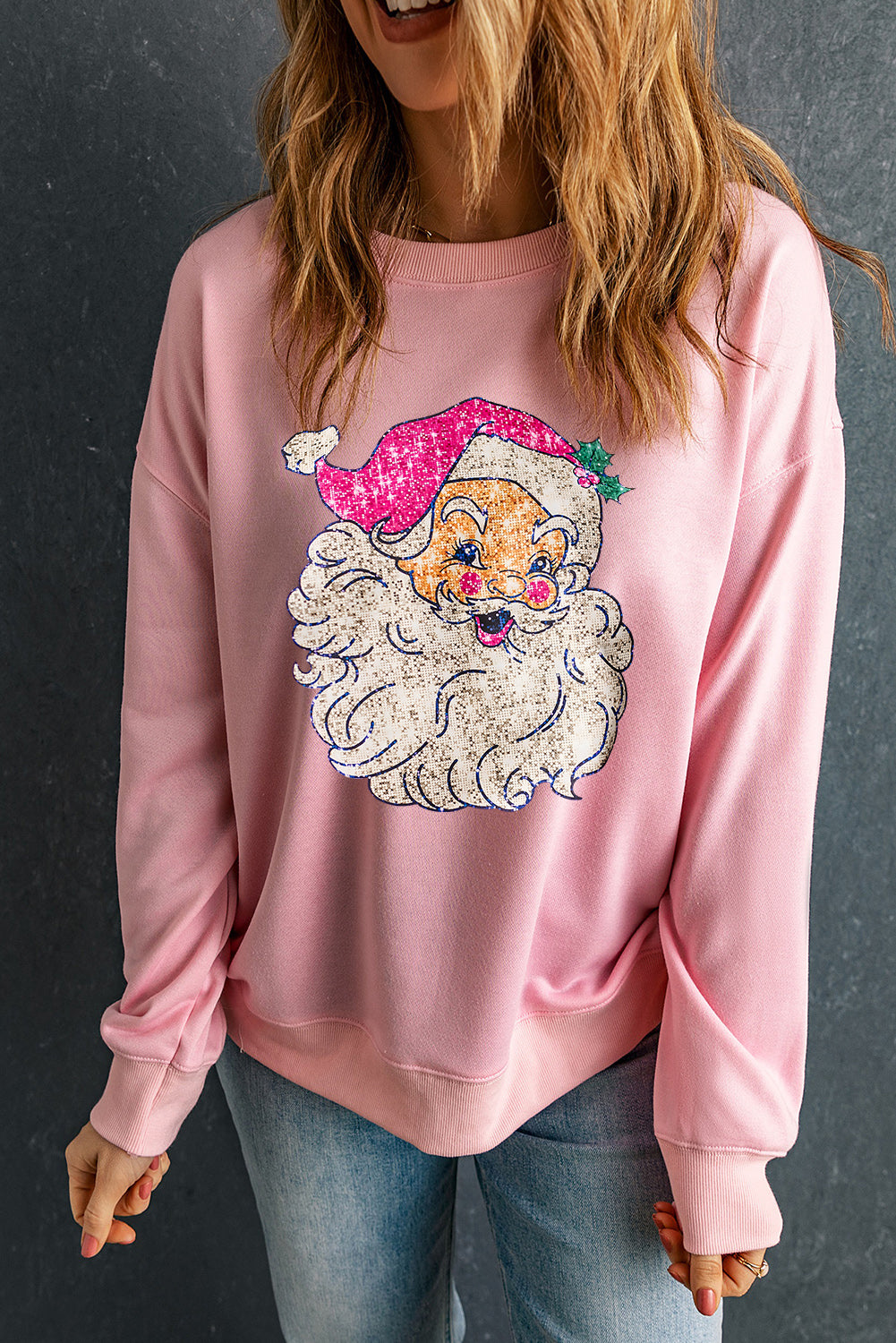 Sweat-shirt rose à épaules tombantes et motif Père Noël audacieux