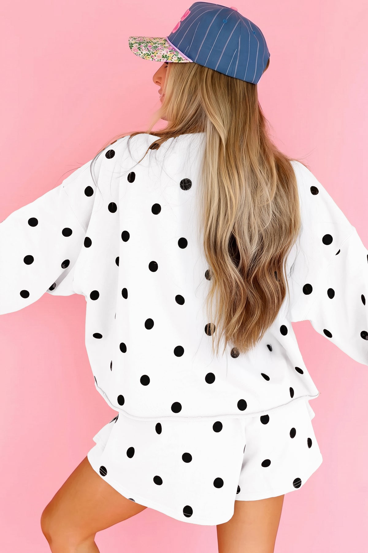 Beige Polka Dot Raw Hem Relaxed Pullover Loose Skort Two Piece Set