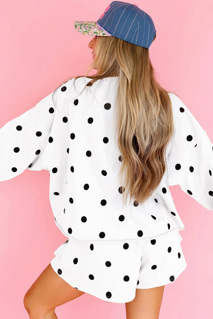 Beige Polka Dot Raw Hem Relaxed Pullover Loose Skort Two Piece Set