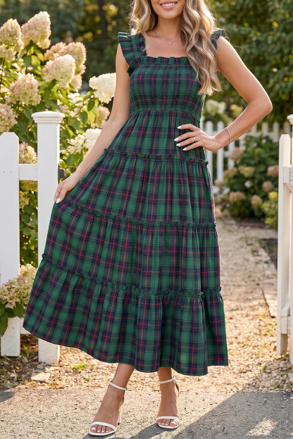 Green Plaid Ruffle Sleeveless Shirred Bodice Tiered Midi Dress
