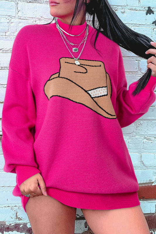 Pull oversize à épaules tombantes et chapeau de cowboy YEEHAW rouge rose