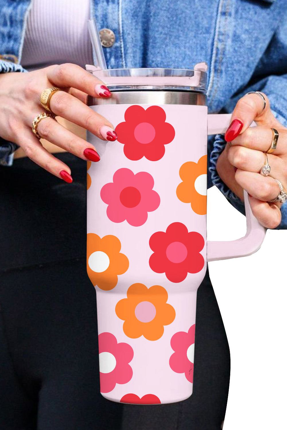 Taza de vacío de acero inoxidable con asa y estampado de flores multicolores